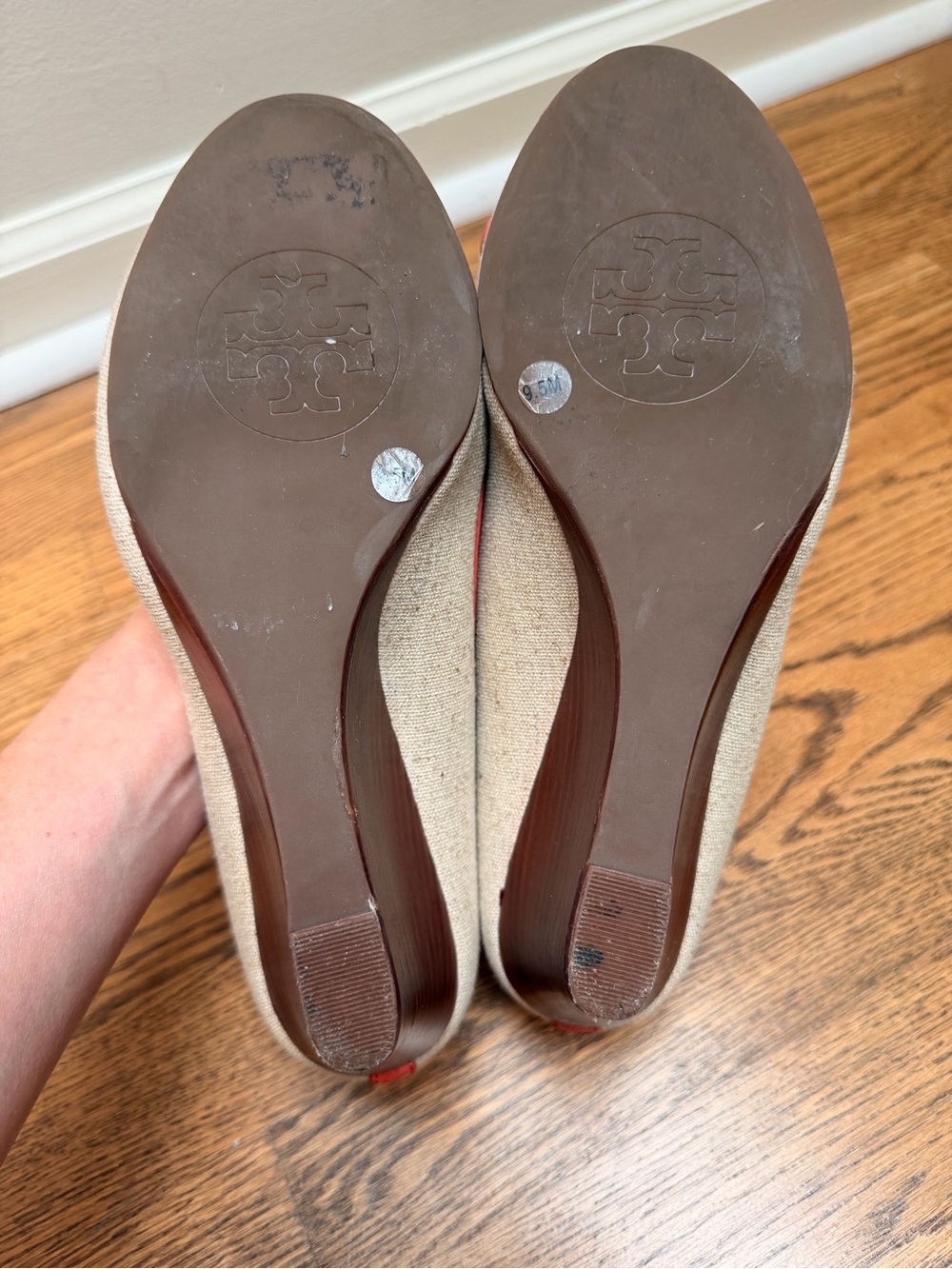 Tory Burch Coral Orange/Beige Leather and Canvas Amanda Peep Toe Wedge Pumps 9.5 - Picture 6 of 6